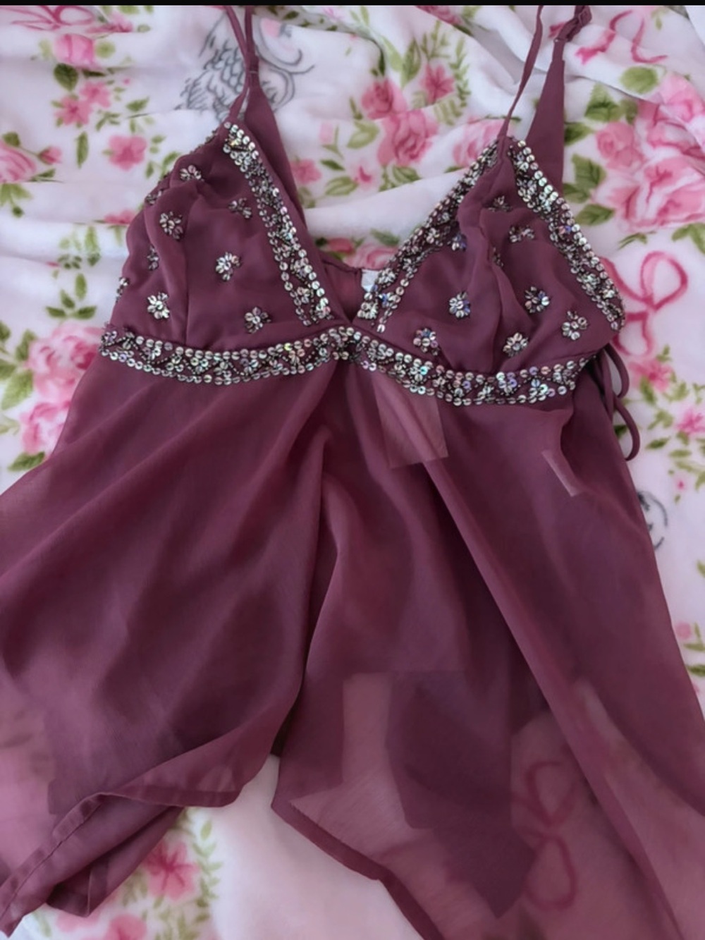 Embellished Sheer Babydoll Slip - Mauve